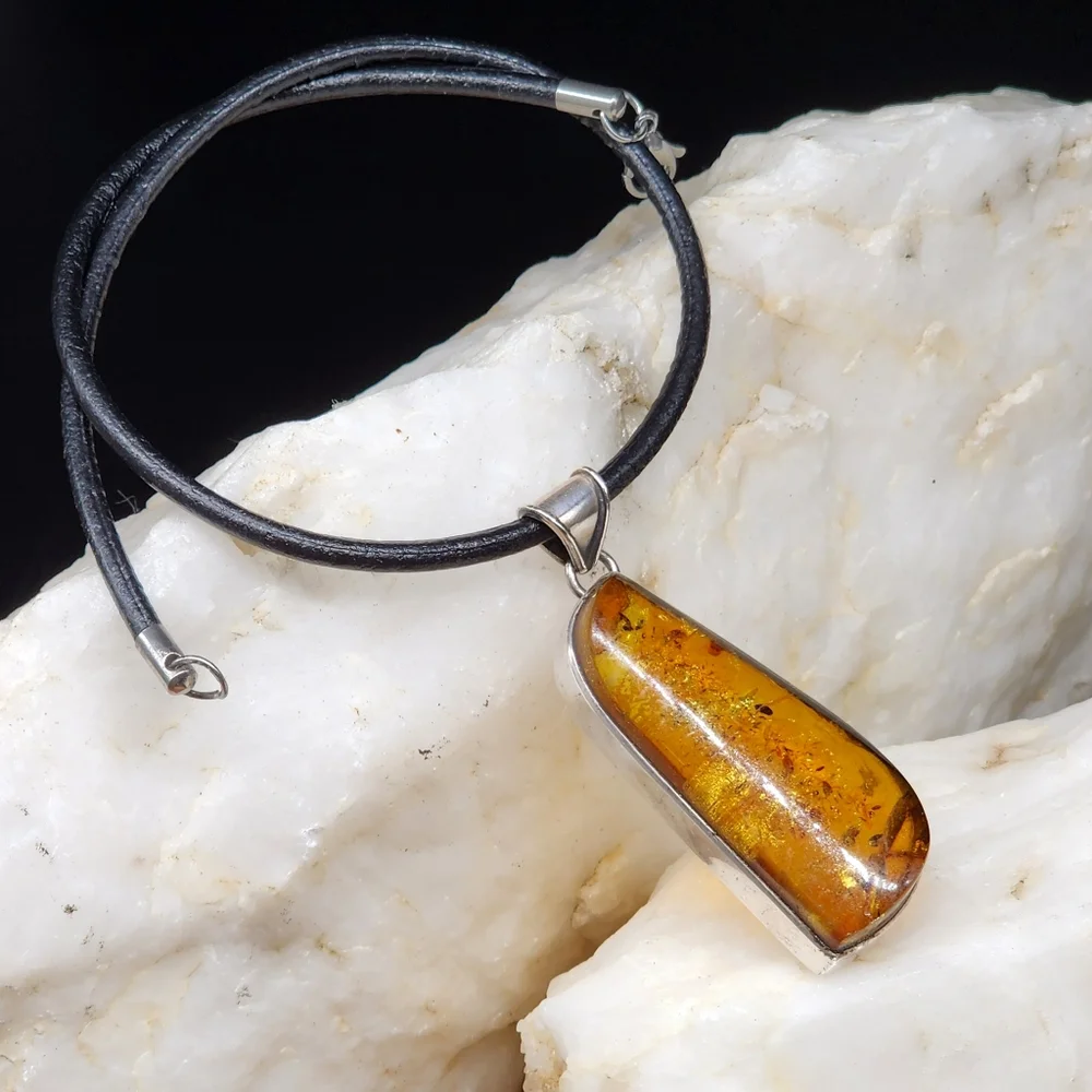 Amber Jewelry Sterling Silver 925 Natural AMBER Pendant Leather Necklace